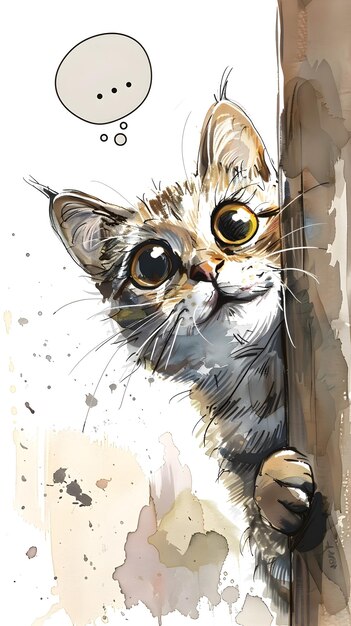 Photo curious kitten peeking from tree branch in watercolor