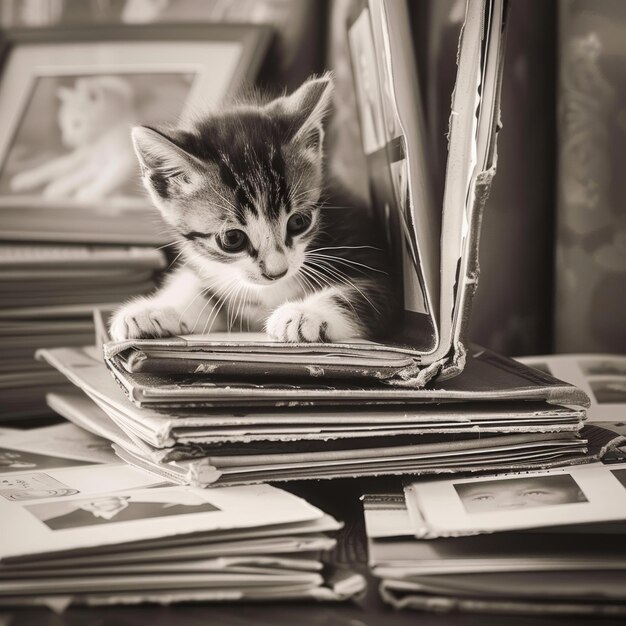 Photo curious kitten peeking out from behind a stack of old photo albums