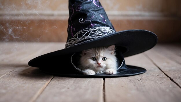 Photo a curious kitten peeks out from under a witch hat on the floor