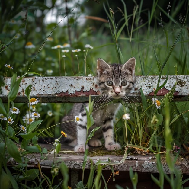 Photo curious kitten peering through rusty fence in a lush garden