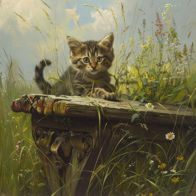 Photo a curious kitten perched on a weathered wooden bench amidst a field of wildflowers