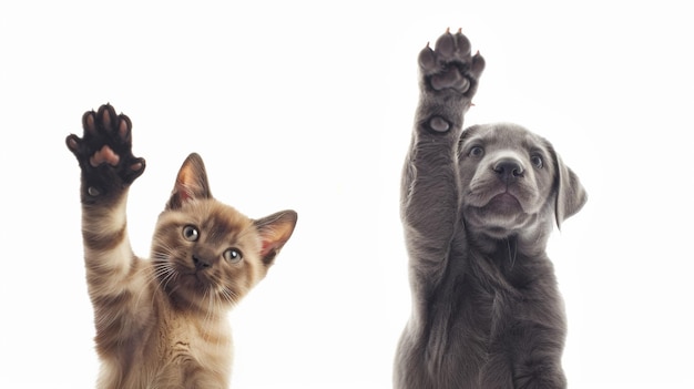 A curious kitten and playful puppy raise their paws in adorable synchrony