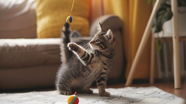 Photo curious kitten playfully exploring living room sofa in cozy sunlit home