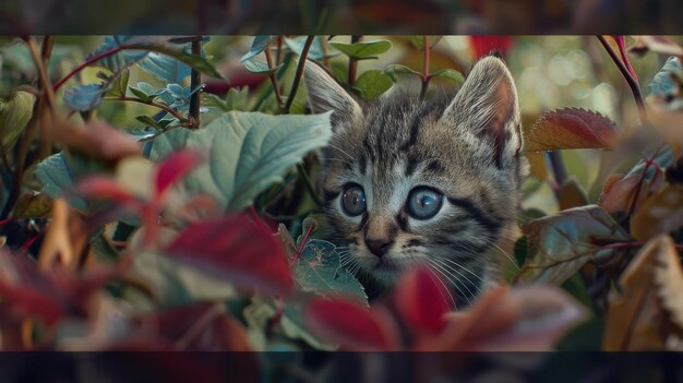 Photo curious kitten with blue eyes peeks from shrub