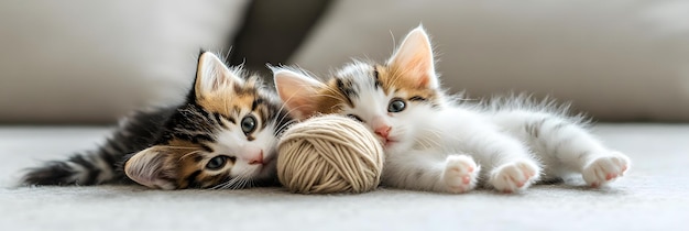 Photo curious kittens engaged in playful yarn activity