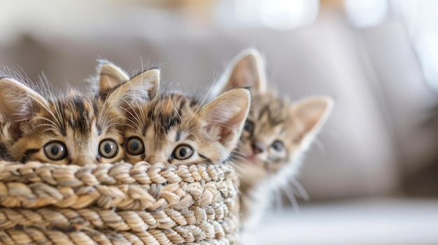 Curious kittens peeking from basket in bright indoor setting with ample space for adding text