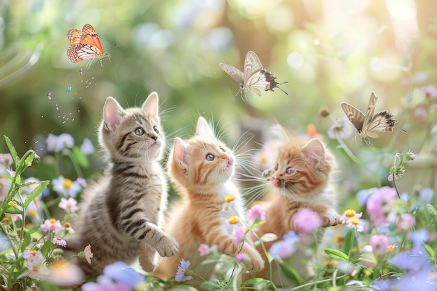 Curious kittens playfully chasing butterflies among vibrant blooming flowers in a colorful garden