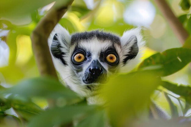 Curious Lemur Peering Through Leaves