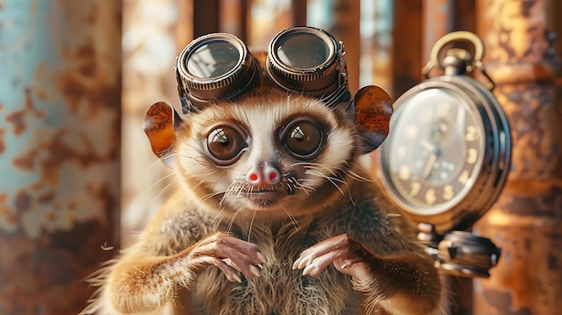 Photo a curious loris with goggles and a pocket watch