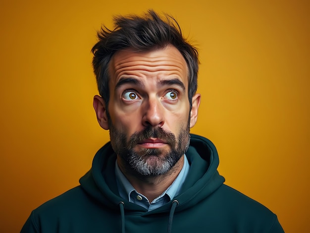 Photo curious man listening on solid color background