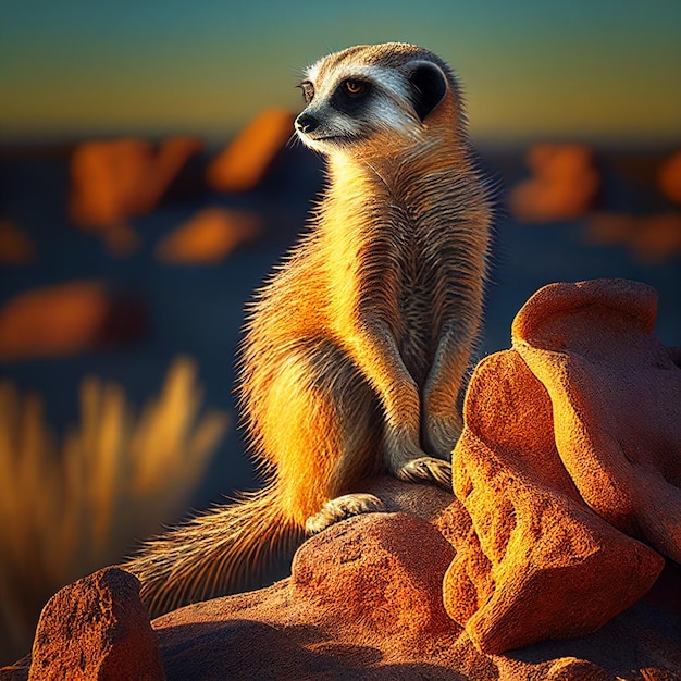 A curious meerkat perched atop a sun warmed rock