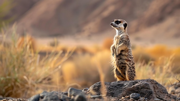 Curious meerkat standing on lookout desert backdrop A meerkat stands on its hind legs surveying