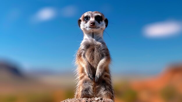 Photo curious meerkat standing on lookout desert backdrop