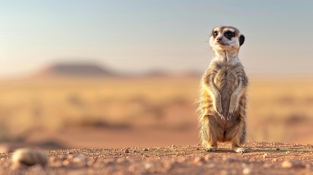 Photo curious meerkat standing on lookout desert backdrop