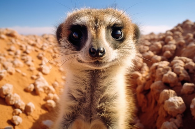 A curious meerkat standing tall its expressive eyes and sandy fur captured with warmth