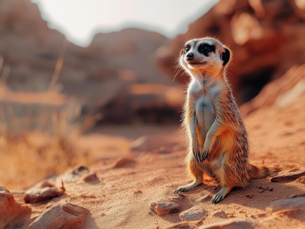 Curious meerkat stands watch in the desert