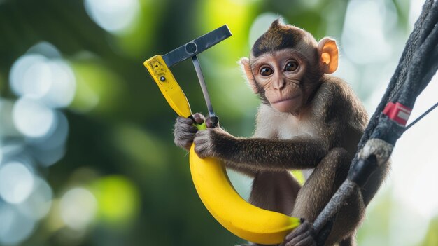 Photo curious monkey holding banana