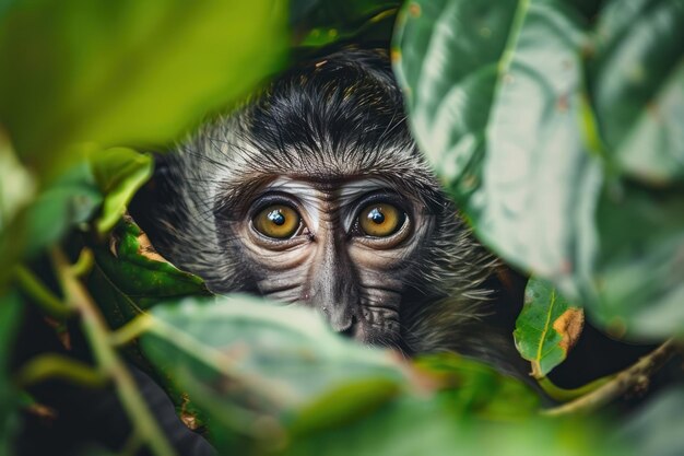 Photo curious monkey peering through leaves