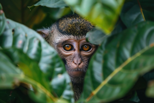 Curious monkey Peering Through Leaves