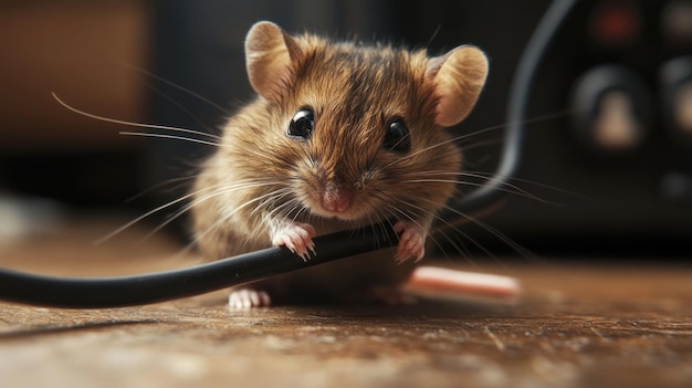 Photo curious mouse holding a cable