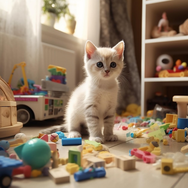 Curious Munchkin Kitten in Room Full of Toys