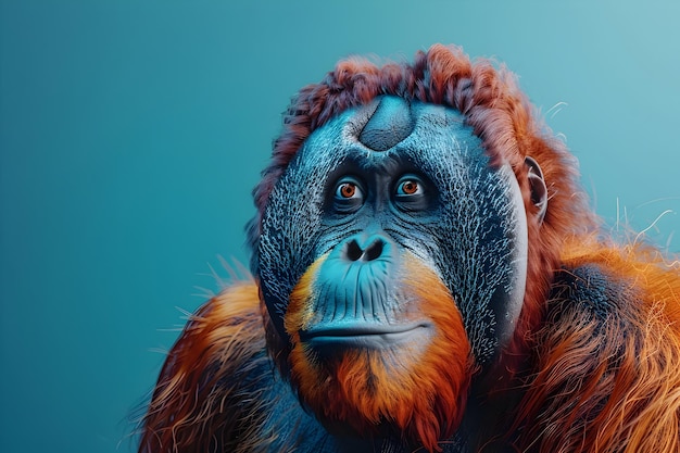 Curious Orangutans Hyperrealistic Studio Portrait on Vibrant Blue Background