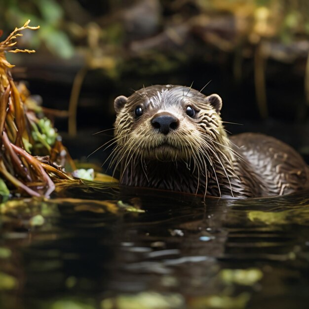 A curious otter peers from a kelp forest its whiskers twitching with anticipation for tasty morsel