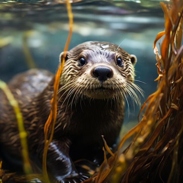 A curious otter peers from a kelp forest its whiskers twitching with anticipation for tasty morsel