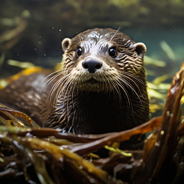 A curious otter peers from a kelp forest its whiskers twitching with anticipation for tasty morsel