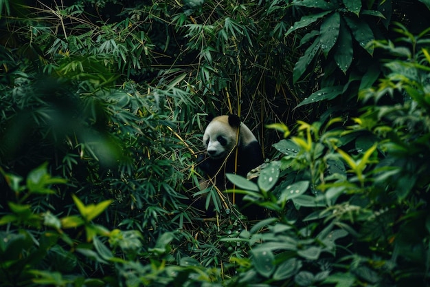 Photo a curious panda peeking from the green