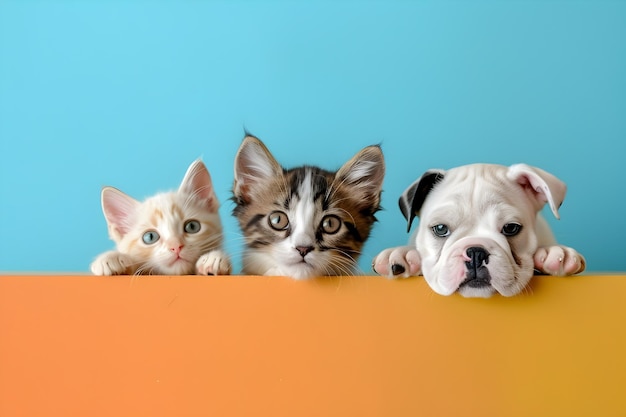 Curious Pets Peeking Over Edge of Colored Table