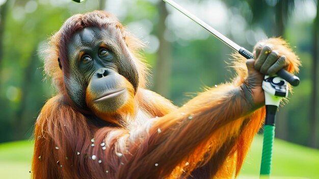 Curious and playful orangutan wearing sporty attire while participating in a golf tournament on a beautifully lush and green golf course surrounded by the natural jungle environment