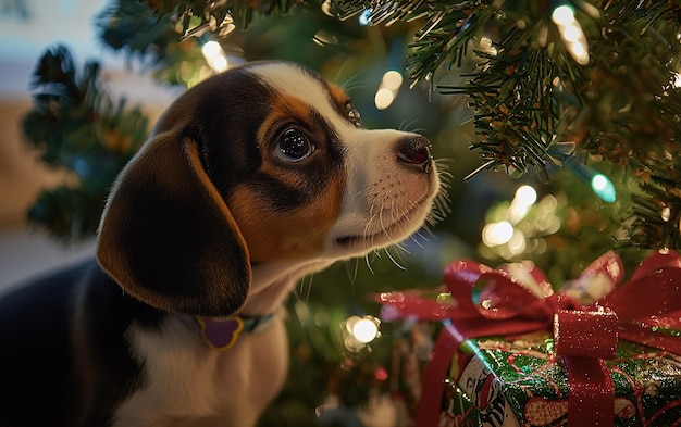 A curious puppy admires a Christmas tree adorned with lights and gifts capturing the joy of the holiday season indoors