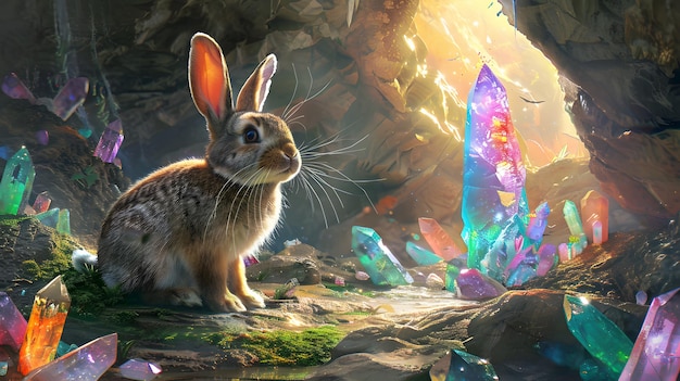 Photo curious rabbit in a crystal cave