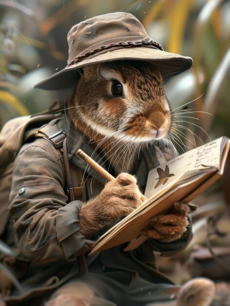 Curious Rabbit Explorer Documenting Findings in Lush Jungle Landscape