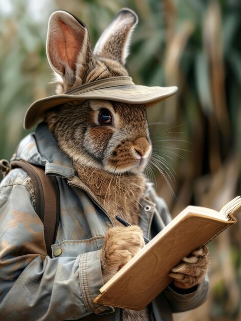 Curious Rabbit Explorer Documenting Wildlife Findings in Lush Jungle Landscape