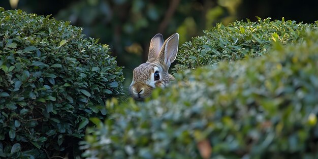 Photo curious rabbit peeking from behind bush