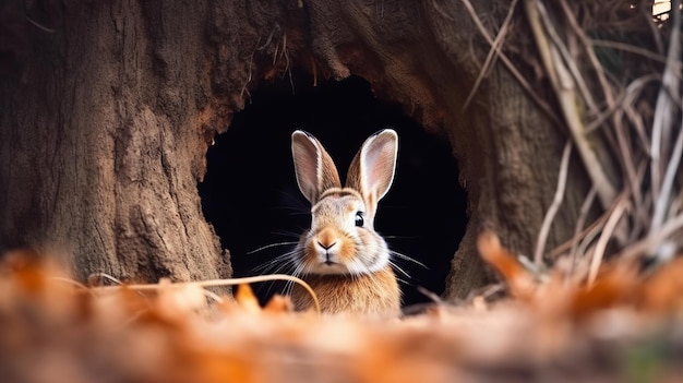 A curious rabbit peering out of a burrow AI generated