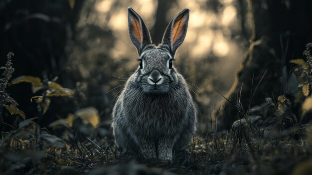 A curious rabbit in a woodland setting