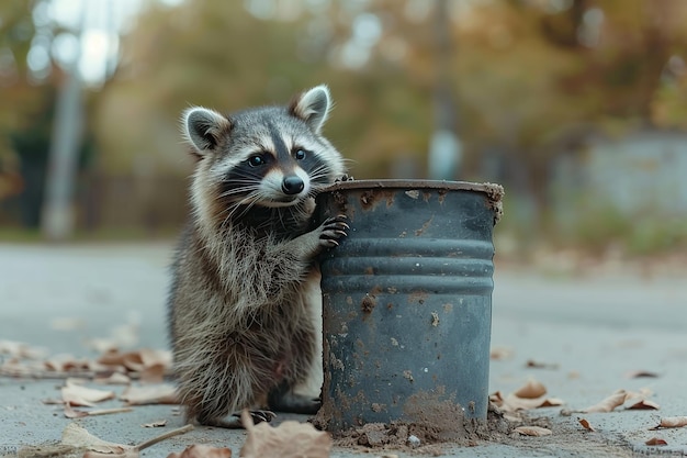 Photo curious raccoon by a trash can