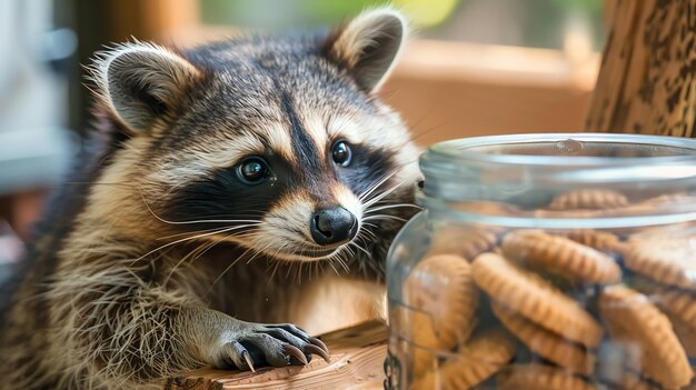 Photo a curious raccoon looks longingly at a jar full of cookies