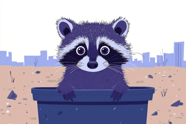 Photo curious raccoon peeking out of a trash can in an urban setting