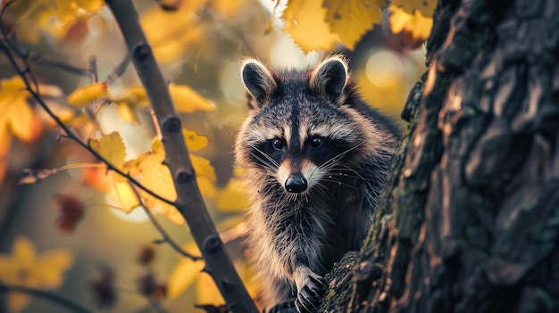 Curious Raccoon Peering Out from Behind Leaves