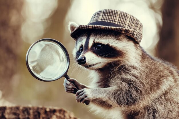 Photo curious raccoon with magnifying glass