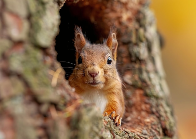 Photo curious red squirrel peeking out of tree trunk in autumn forest