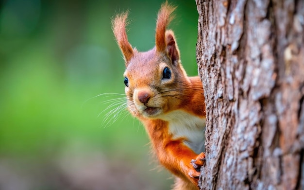 Curious red squirrel peeking behind the tree trunk