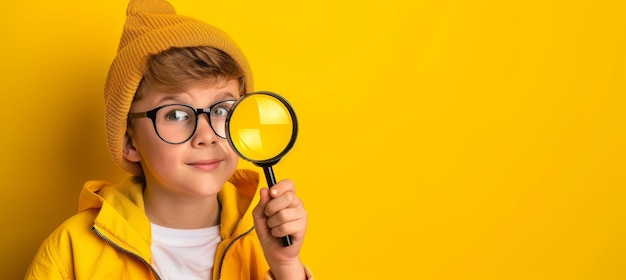 Photo curious schoolboy with magnifying glass exploring yellow monochrome background