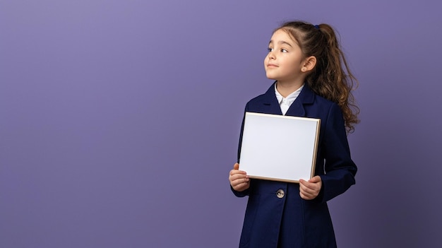 Curious schoolgirl in navy blue uniform with frame solid purple gaze to future