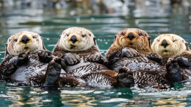 Photo curious sea otters in water