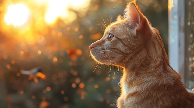 A curious Sphynx cat and a Golden Retriever puppy gazing out a sunlit window together watching playful birds flitting by